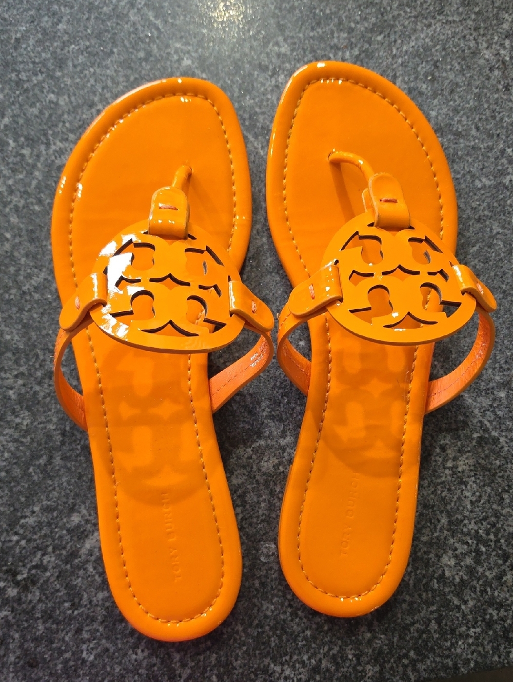 Tory Burch Glossy Orange Logo Thong Sandals